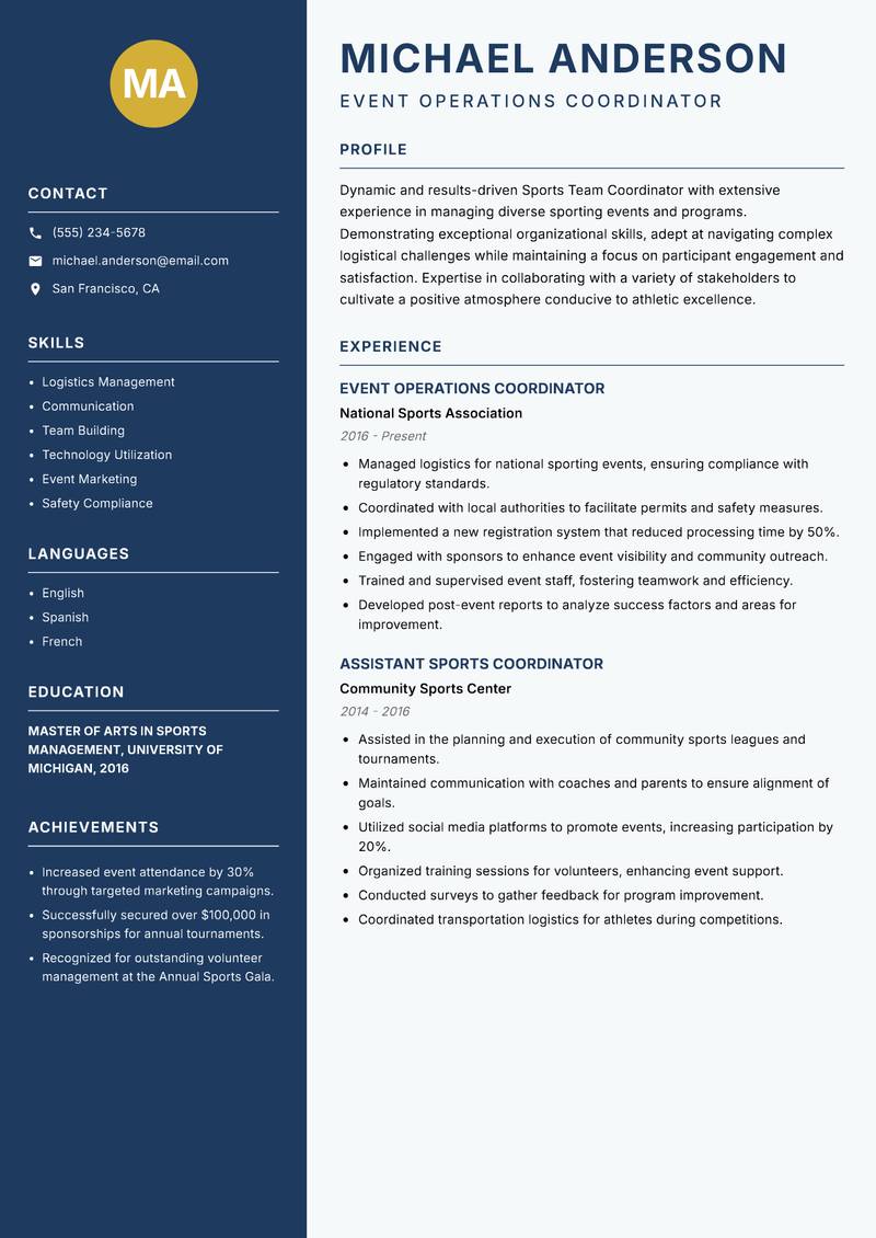 Sports Team Coordinator resume template — Classic Clean