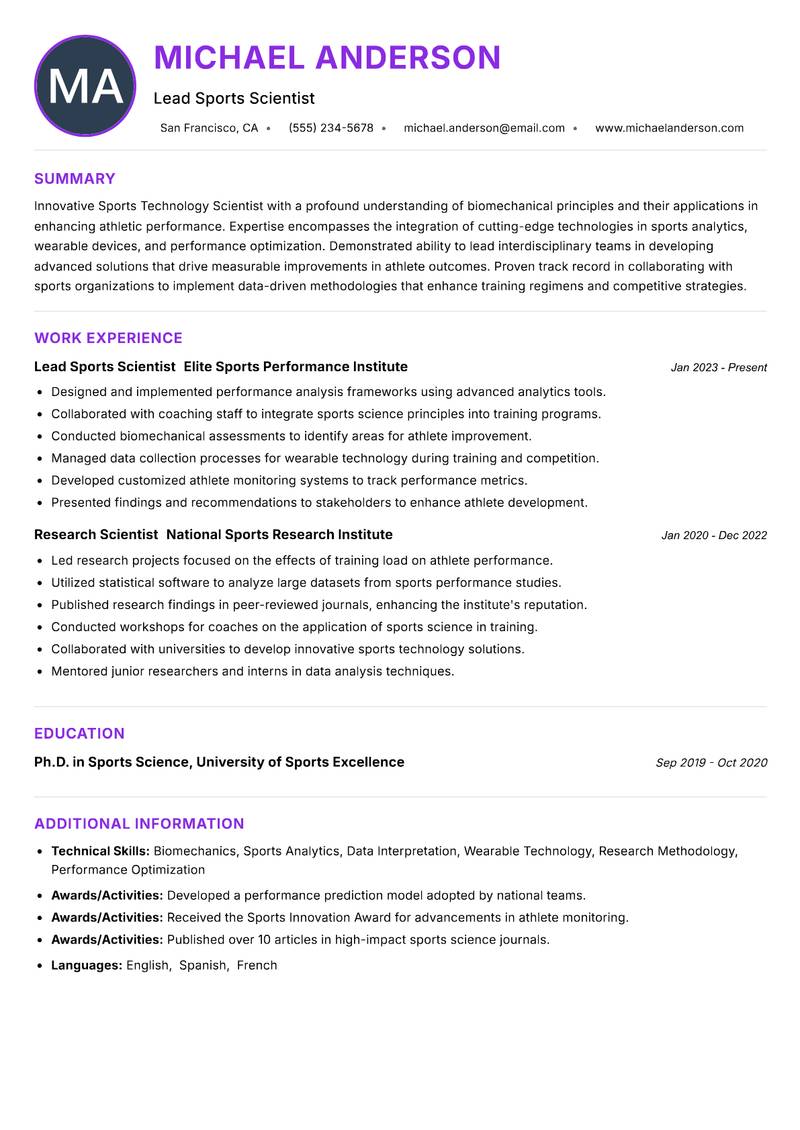 Sports Technology Scientist resume example — ATS-friendly template