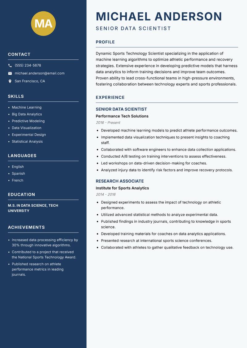 Sports Technology Scientist resume template — Classic Clean