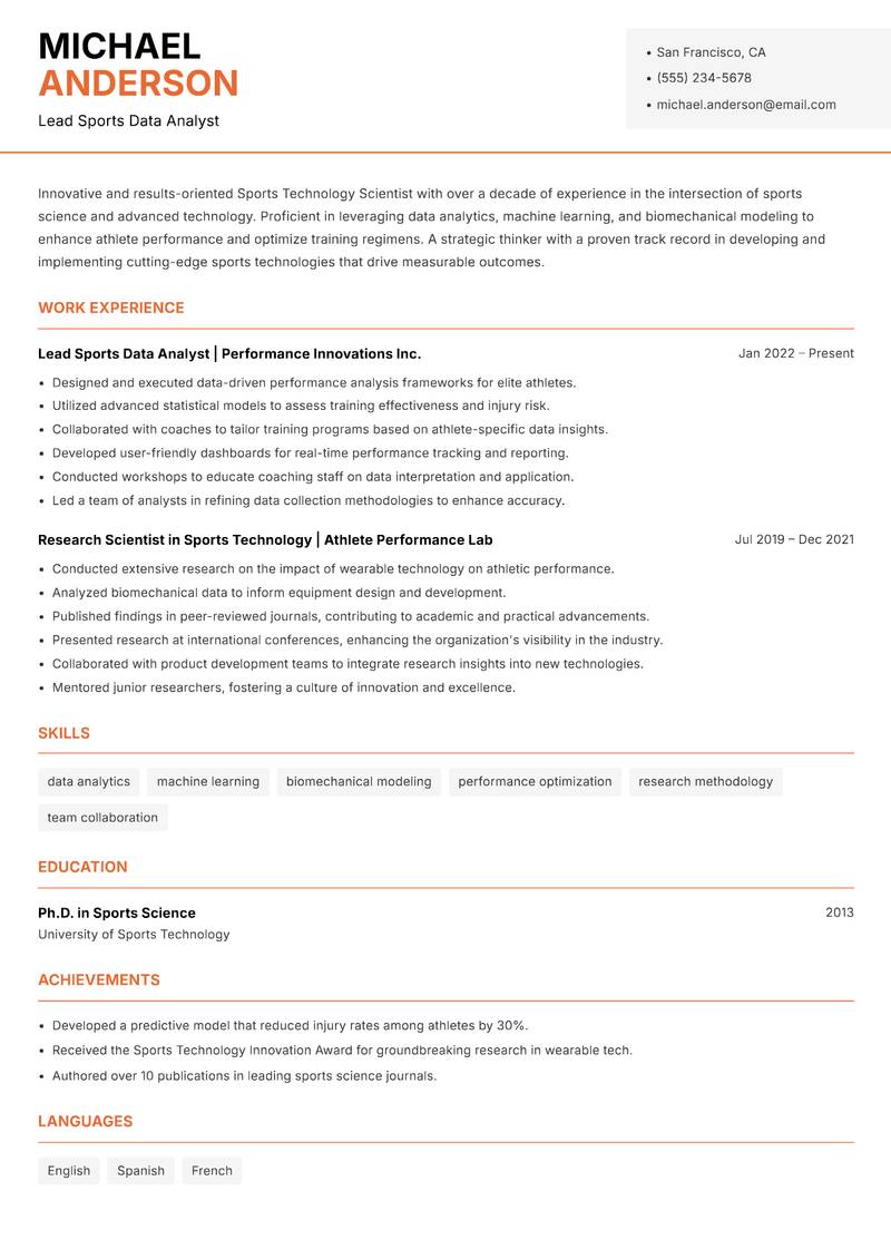 Sports Technology Scientist resume template — Modern Professional