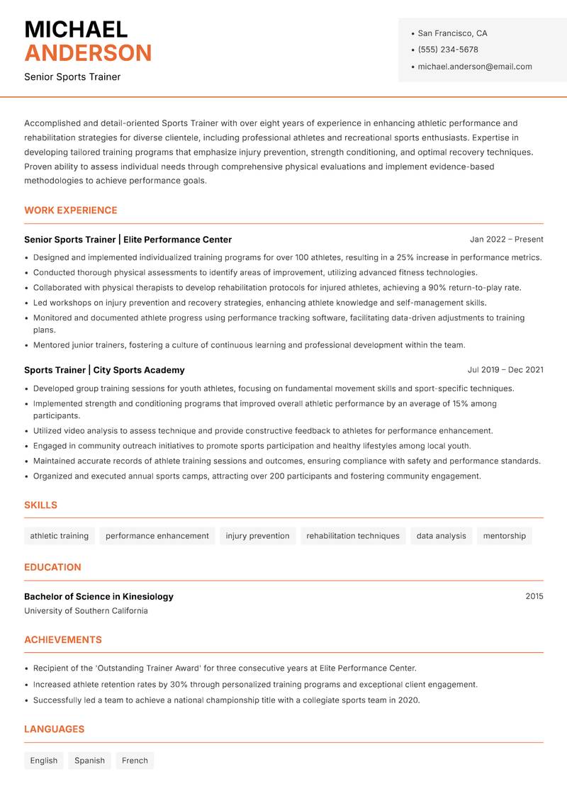 Sports Trainer resume template — Modern Professional