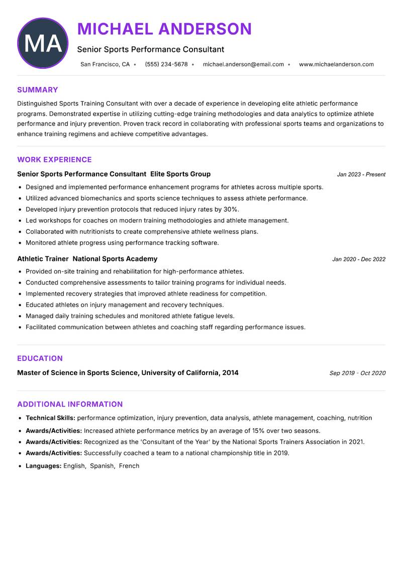 Sports Training Consultant resume example — ATS-friendly template