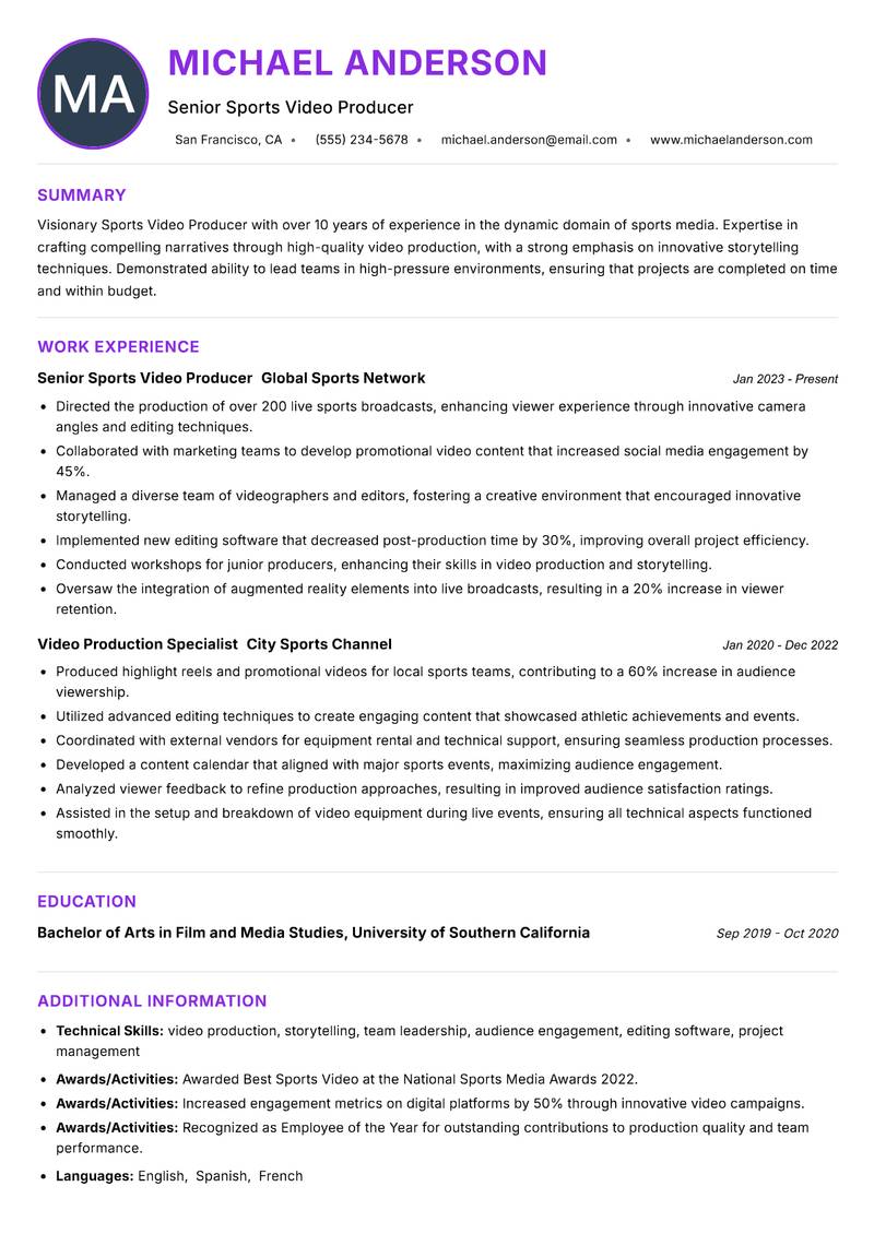 Sports Video Producer resume example — ATS-friendly template
