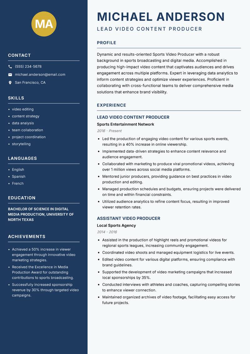 Sports Video Producer resume template — Classic Clean