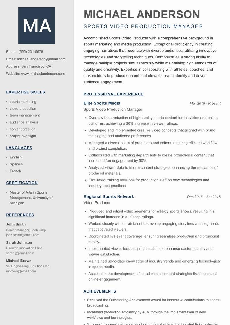 Sports Video Producer resume template — Creative Minimal