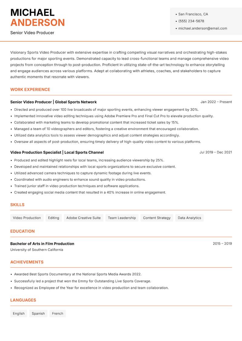 Sports Video Producer resume template — Modern Professional