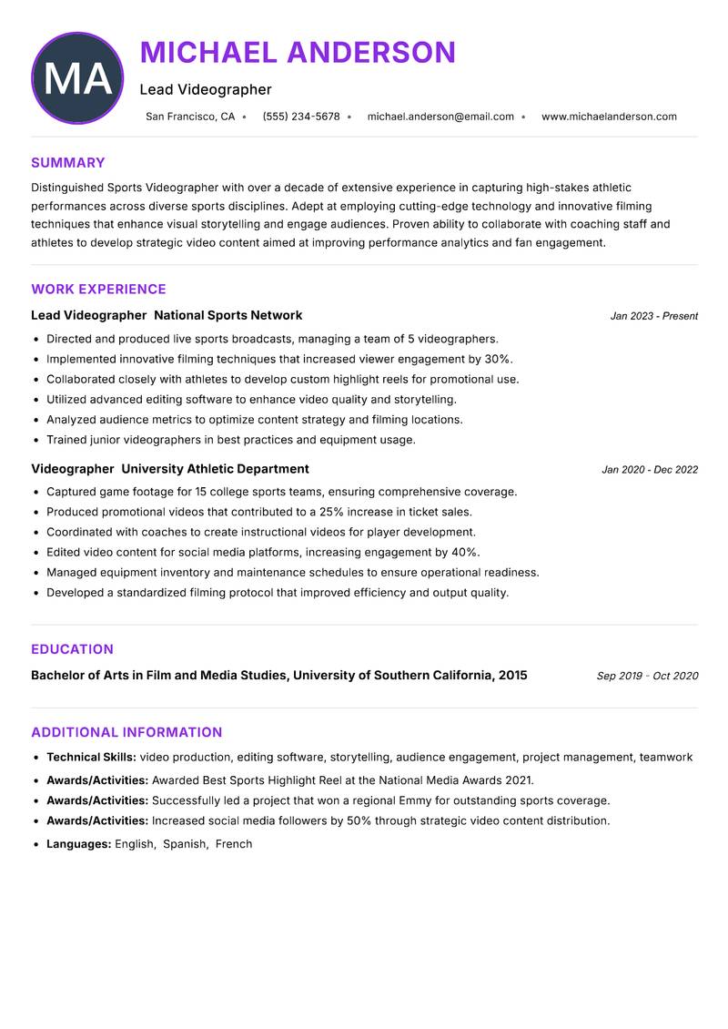 Sports Videographer resume example — ATS-friendly template