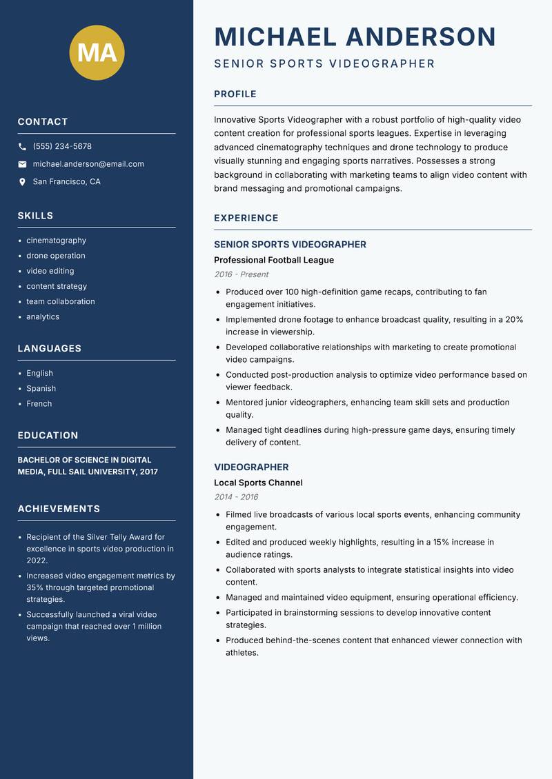 Sports Videographer resume template — Classic Clean