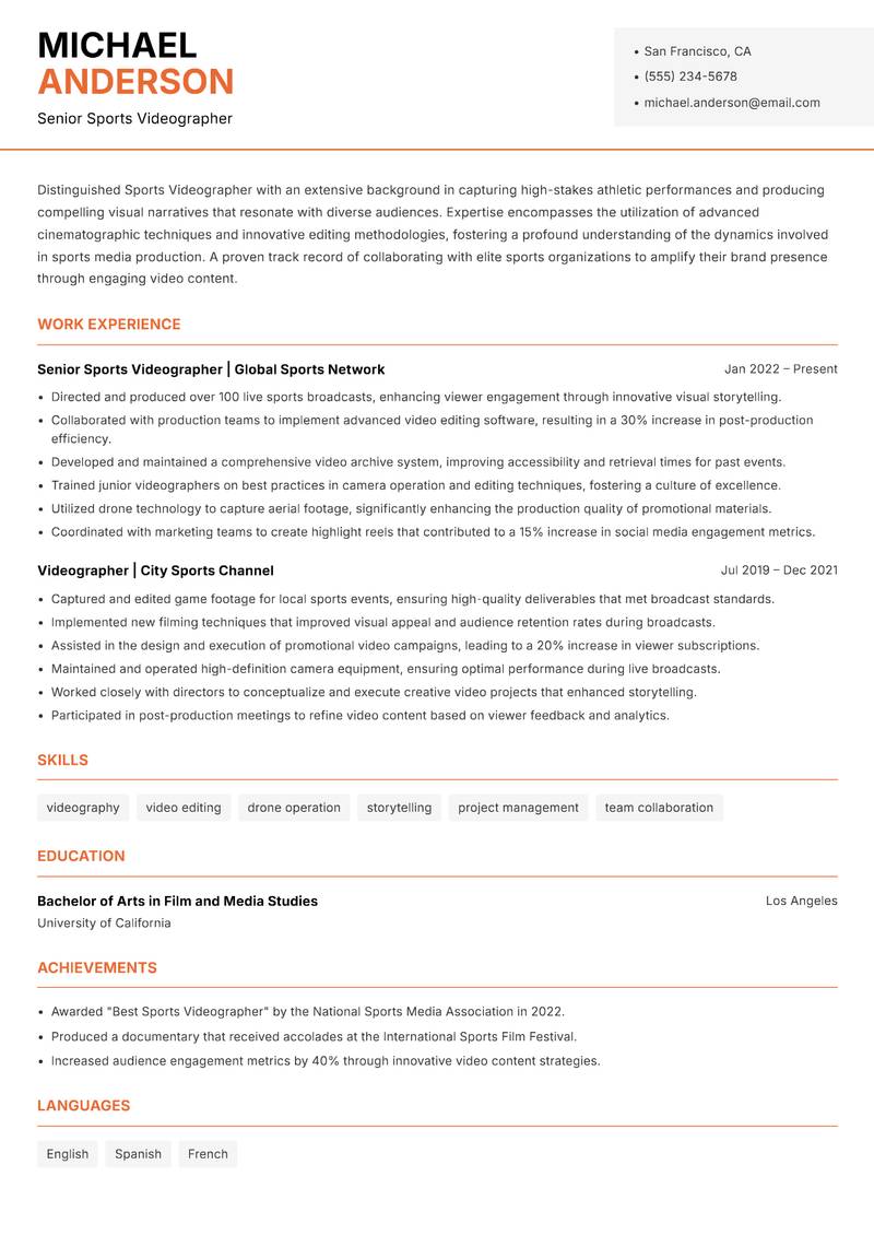 Sports Videographer resume template — Modern Professional