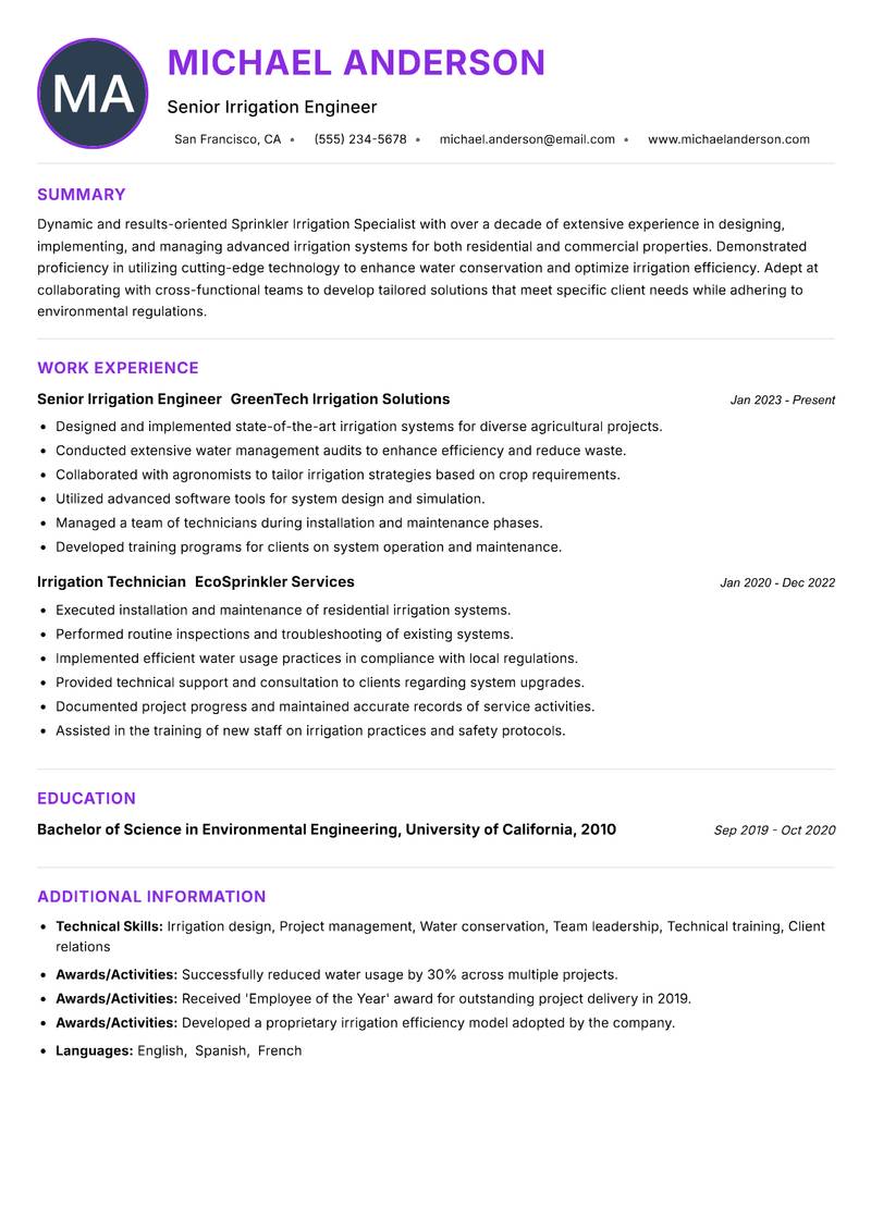 Sprinkler Irrigation Specialist resume example — ATS-friendly template