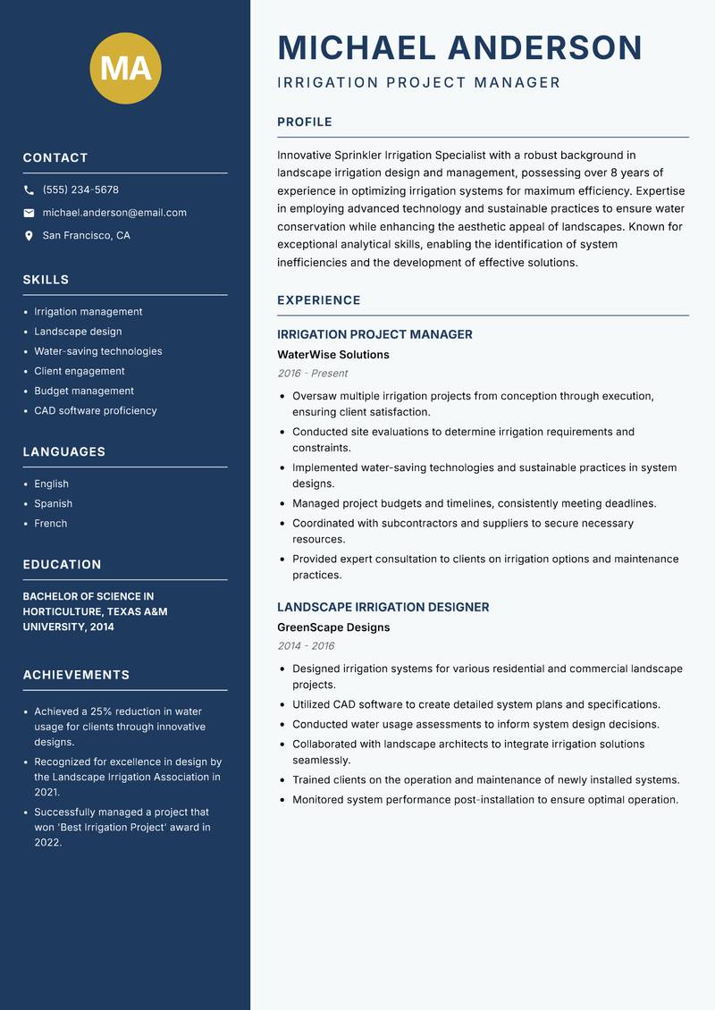 Sprinkler Irrigation Specialist resume template — Classic Clean