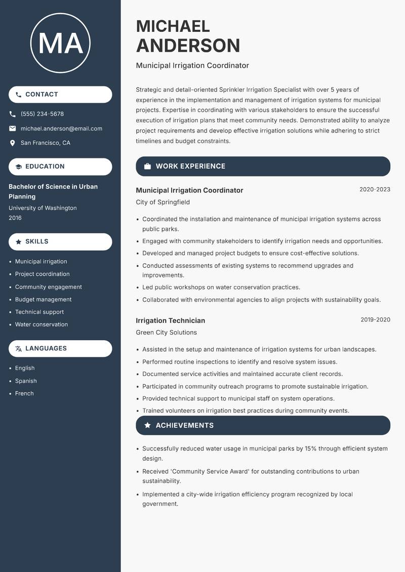 Sprinkler Irrigation Specialist resume template — Compact