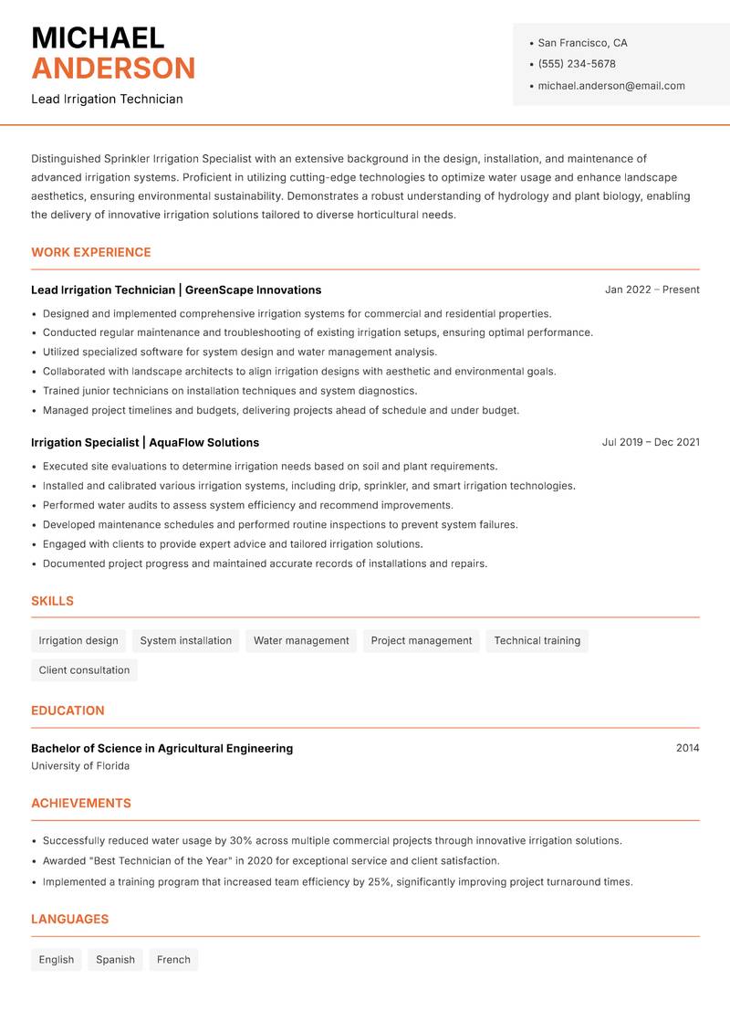 Sprinkler Irrigation Specialist resume template — Modern Professional