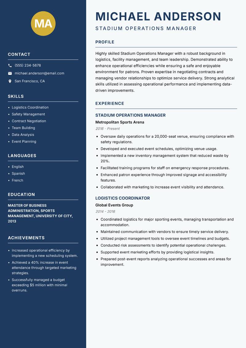 Stadium Operations Manager resume template — Classic Clean