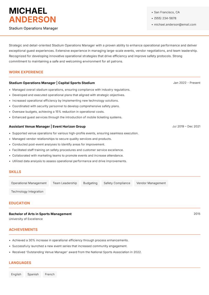 Stadium Operations Manager resume template — Modern Professional