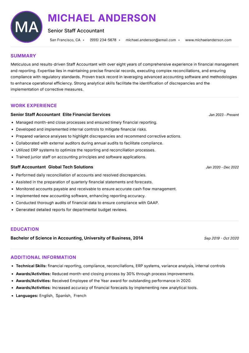 Staff Accountant resume example — ATS-friendly template