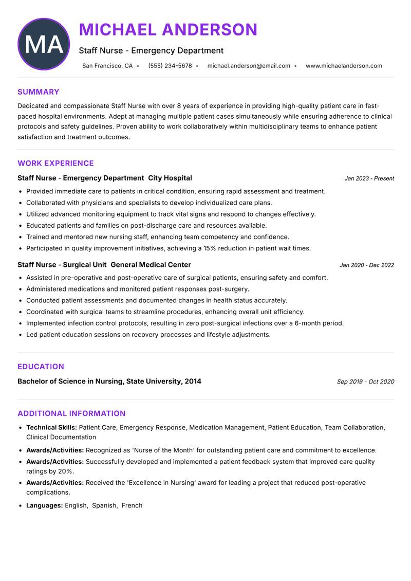 Staff Nurse resume example — ATS-friendly template