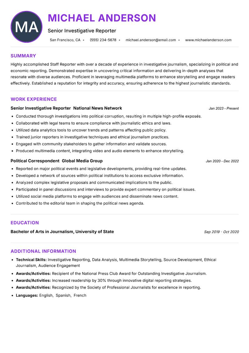 Staff Reporter resume example — ATS-friendly template