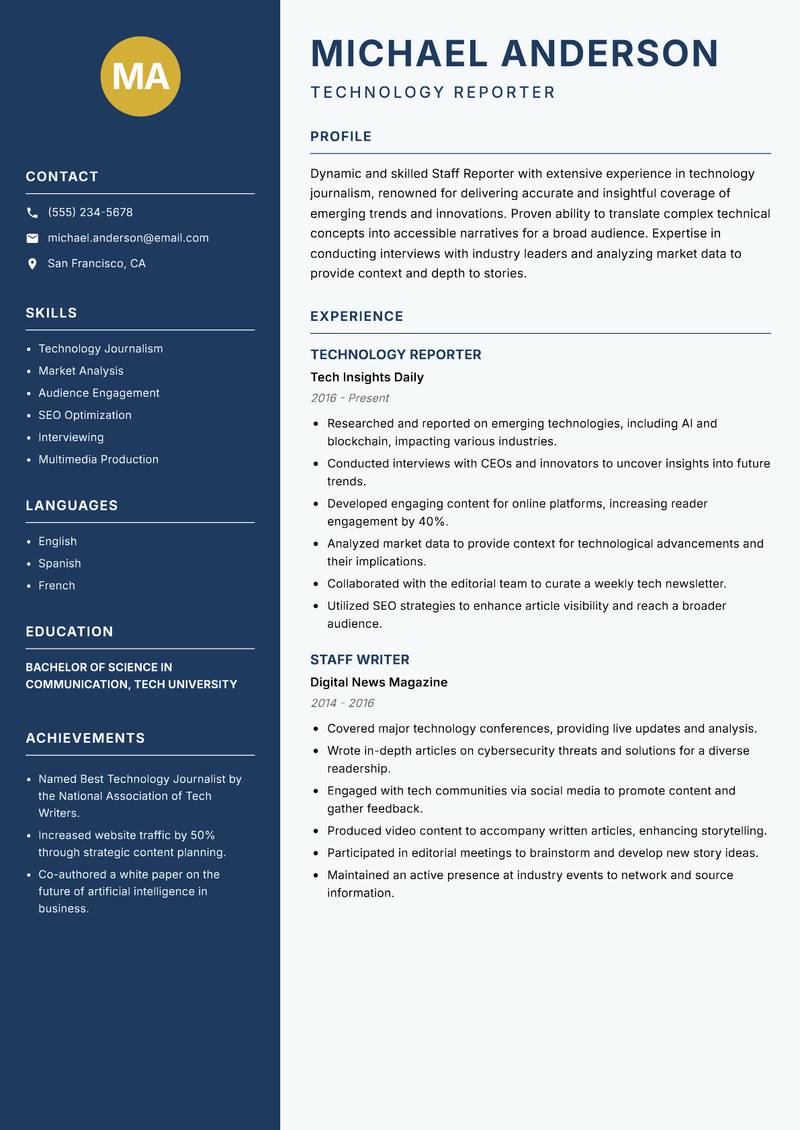 Staff Reporter resume template — Classic Clean
