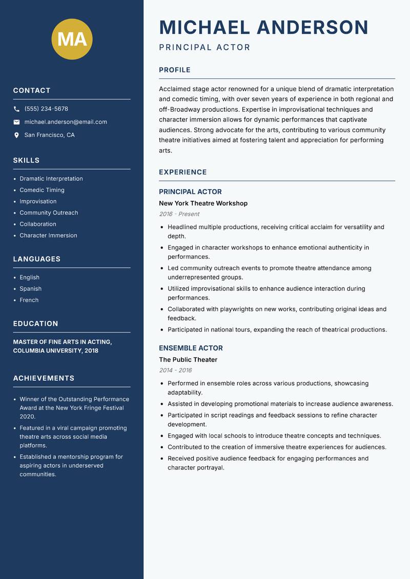 Stage Actor resume template — Classic Clean