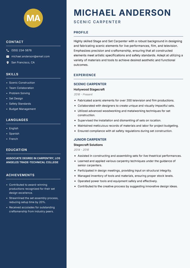 Stage and Set Carpenter resume template — Classic Clean