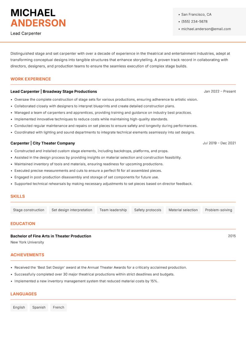 Stage and Set Carpenter resume template — Modern Professional