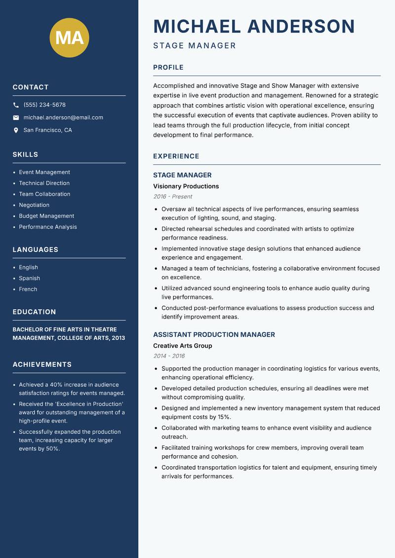 Stage and Show Manager resume template — Classic Clean