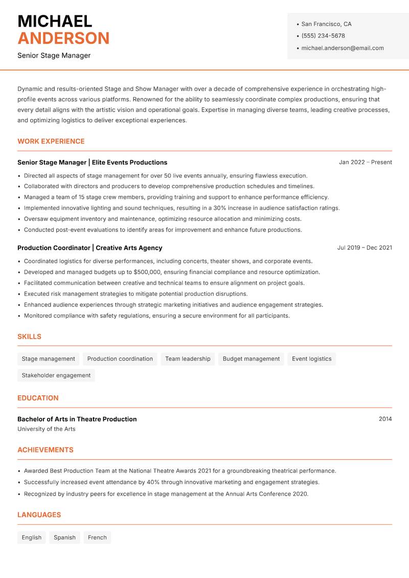 Stage and Show Manager resume template — Modern Professional