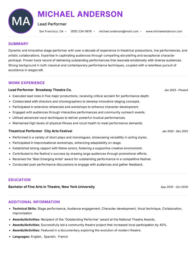Stage Performer resume example — ATS-friendly template