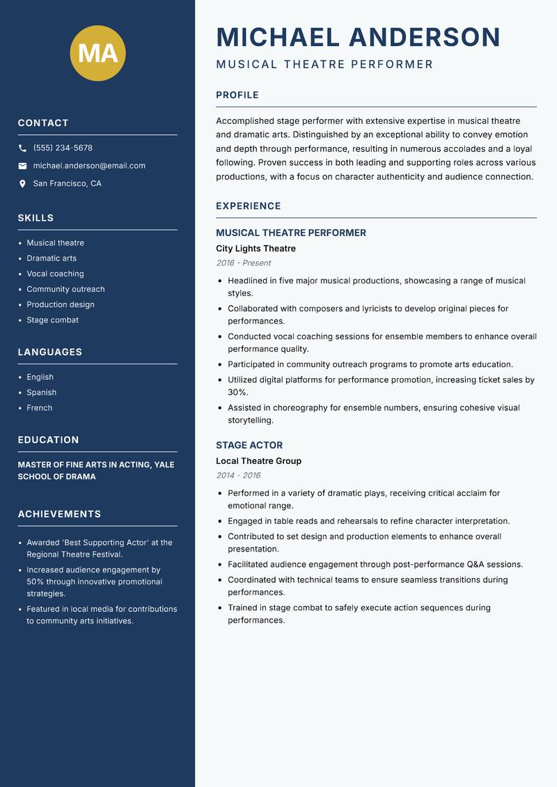 Stage Performer resume template — Classic Clean