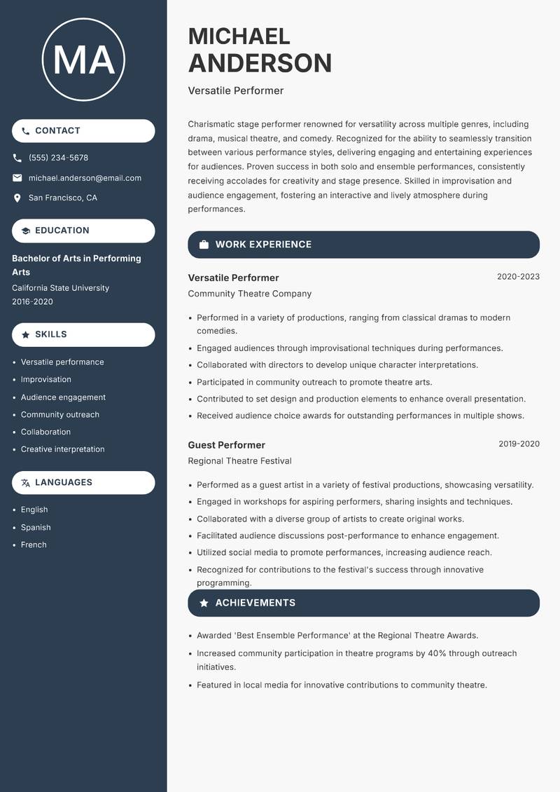 Stage Performer resume template — Compact