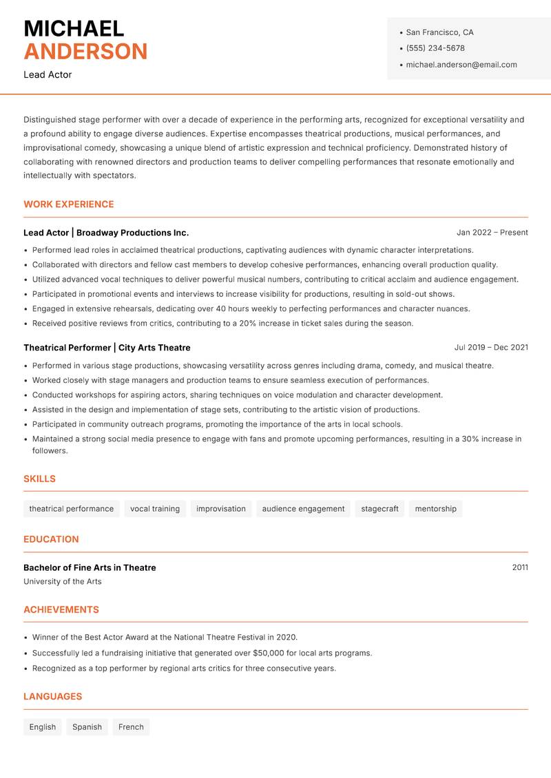 Stage Performer resume template — Modern Professional