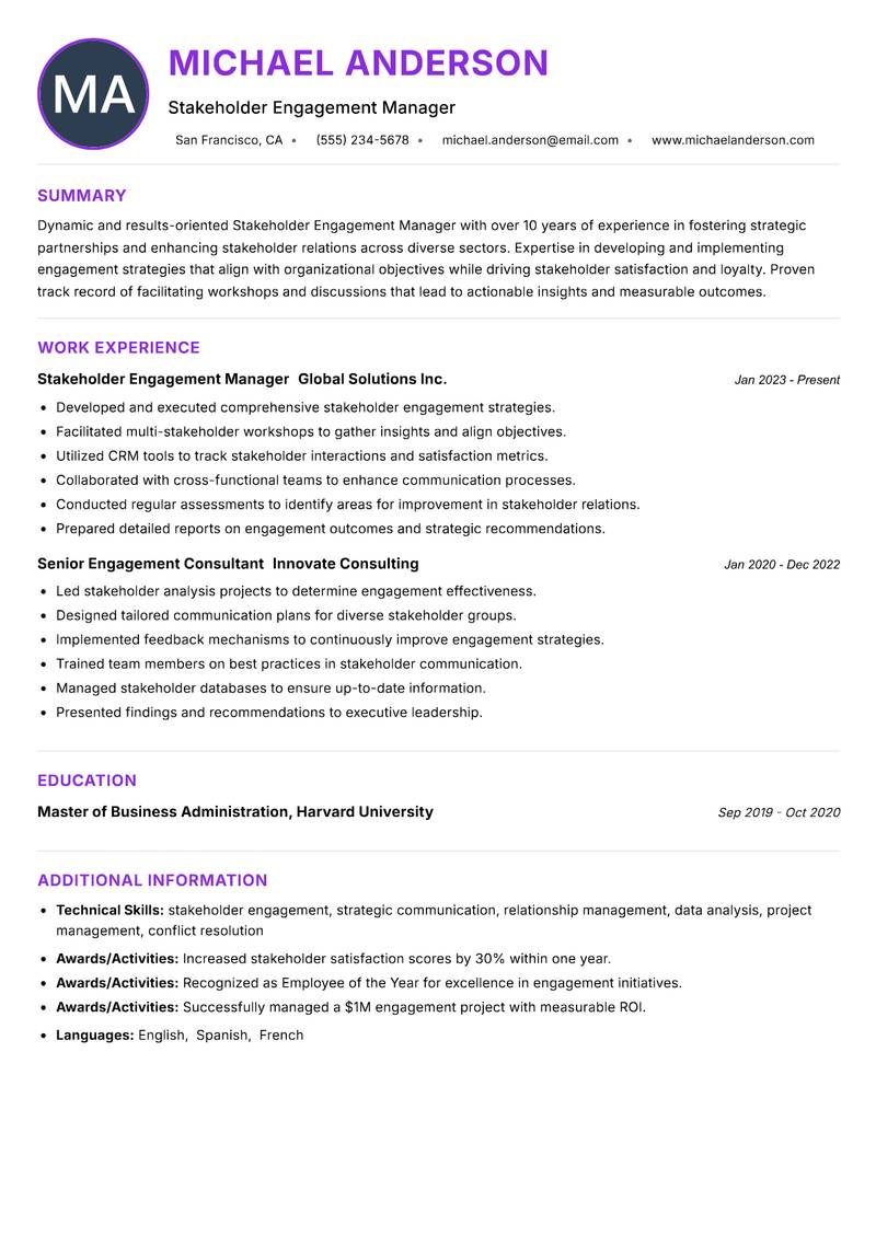 Stakeholder Engagement Manager resume example — ATS-friendly template