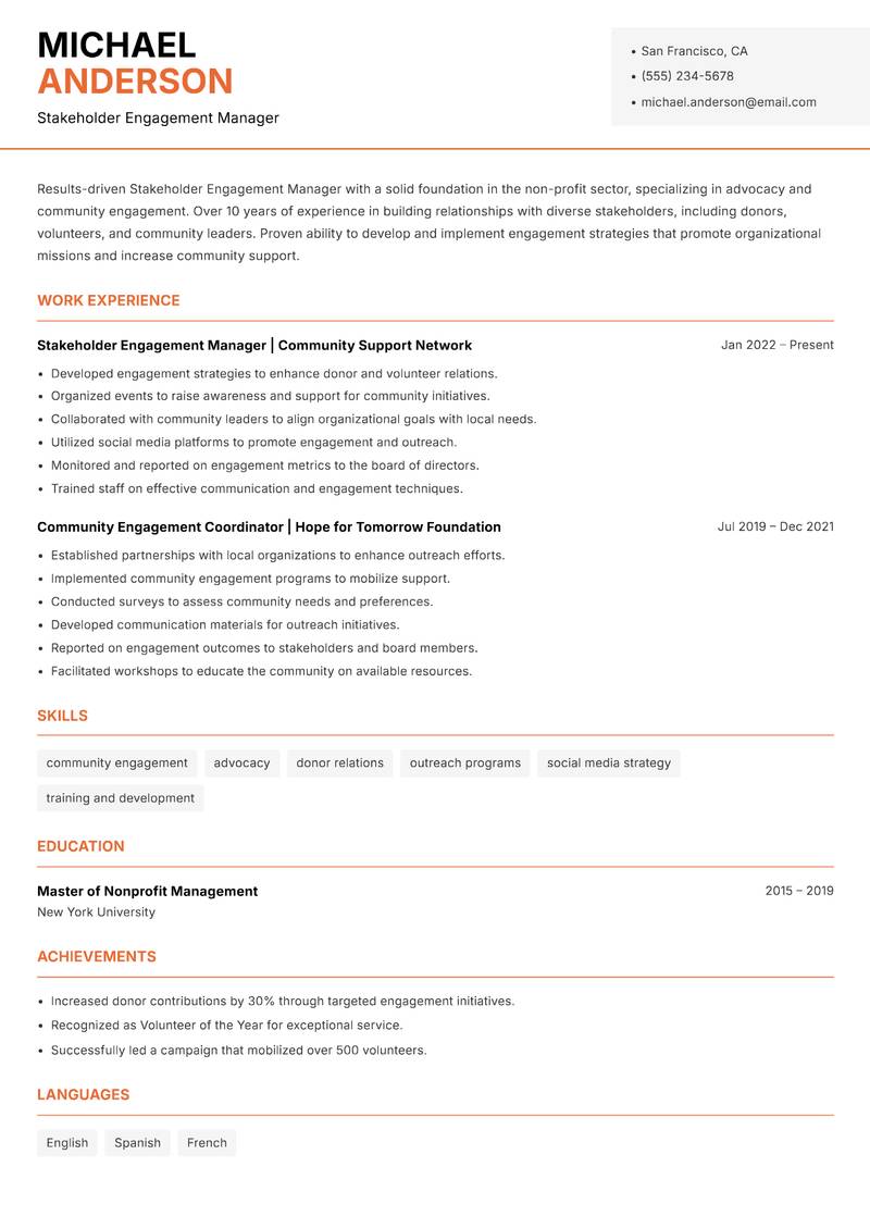 Stakeholder Engagement Manager resume template — Modern Professional