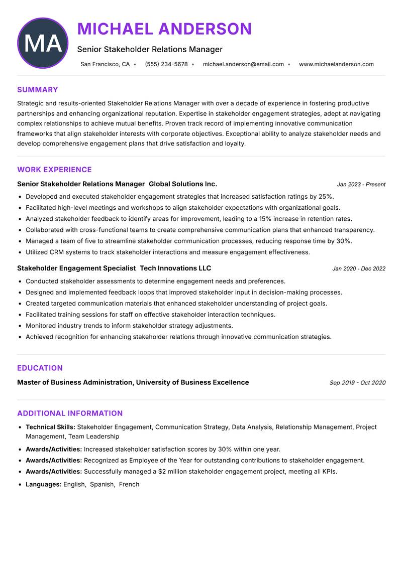 Stakeholder Relations Manager resume example — ATS-friendly template