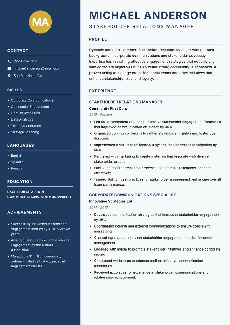 Stakeholder Relations Manager resume template — Classic Clean