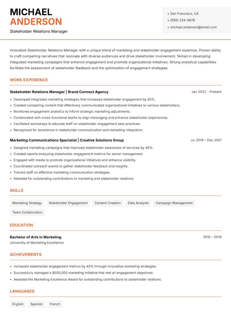 Stakeholder Relations Manager resume template — Modern Professional