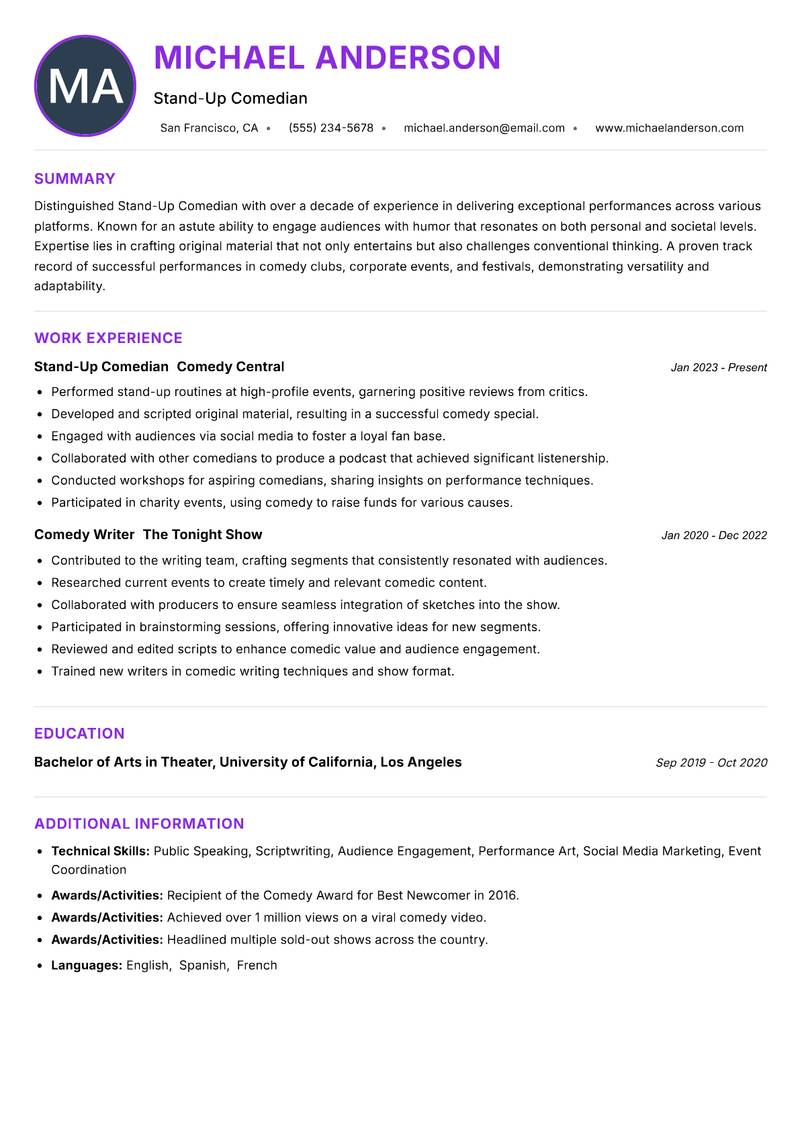 Stand Up Comedian resume example — ATS-friendly template