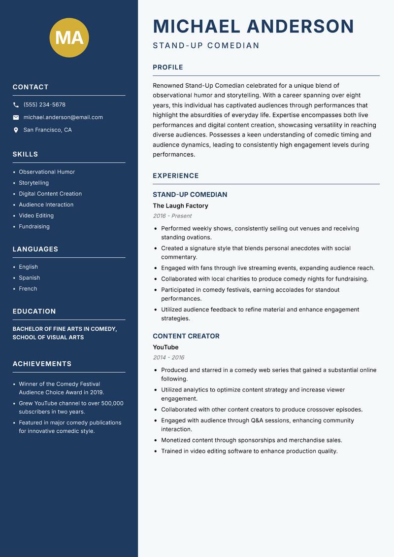 Stand Up Comedian resume template — Classic Clean