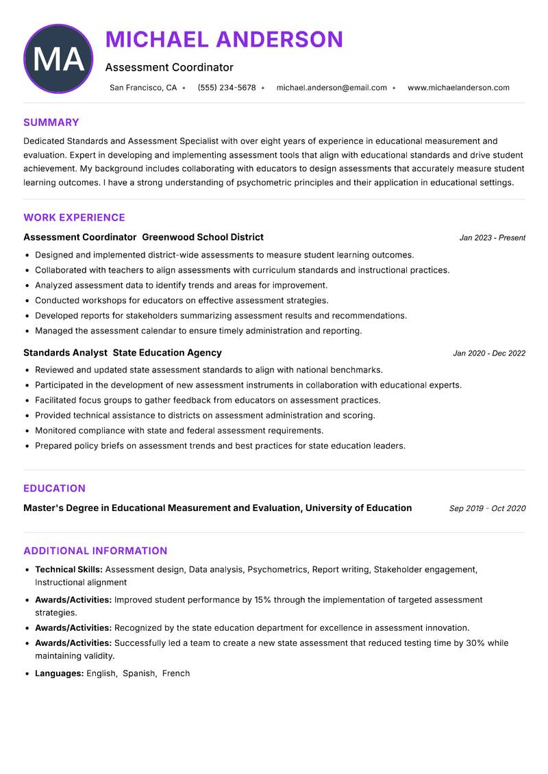 Standards and Assessment Specialist resume example — ATS-friendly template