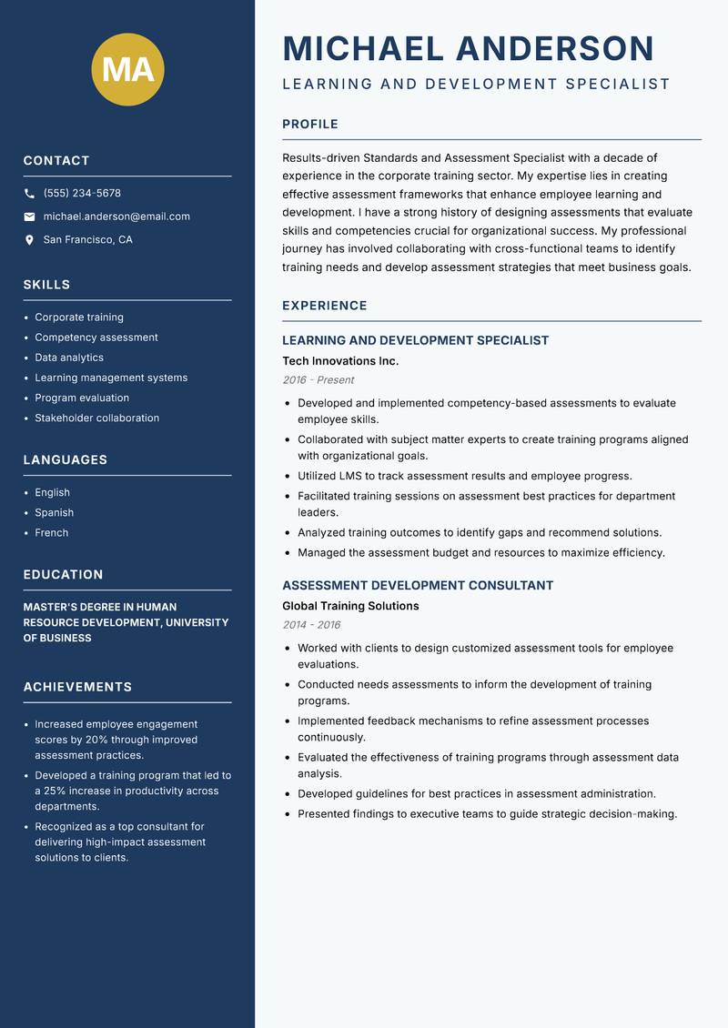 Standards and Assessment Specialist resume template — Classic Clean
