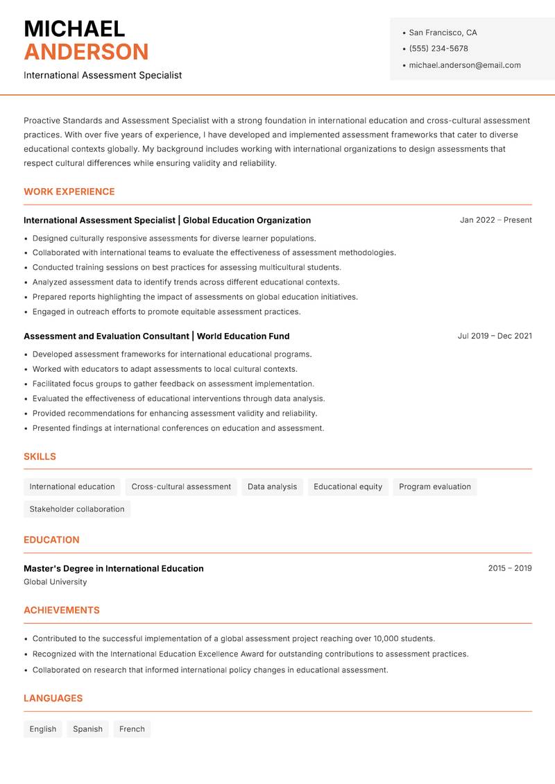 Standards and Assessment Specialist resume template — Modern Professional