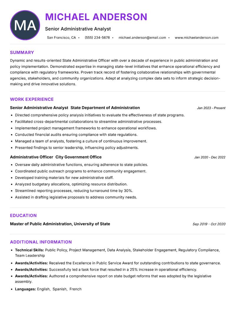 State Administrative Officer resume example — ATS-friendly template