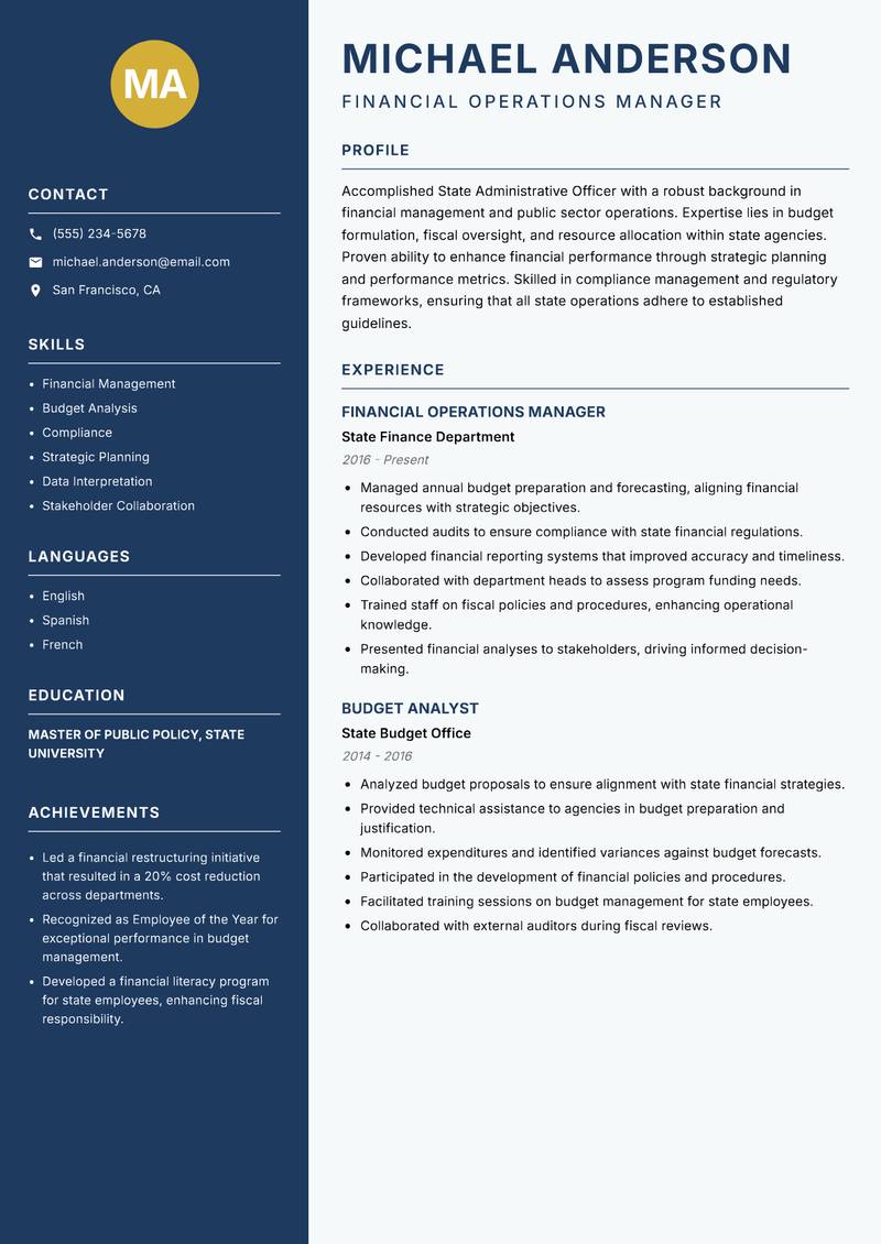 State Administrative Officer resume template — Classic Clean