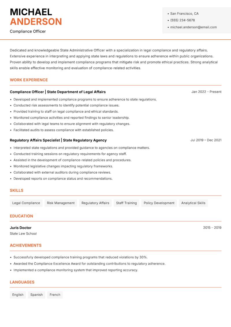 State Administrative Officer resume template — Modern Professional