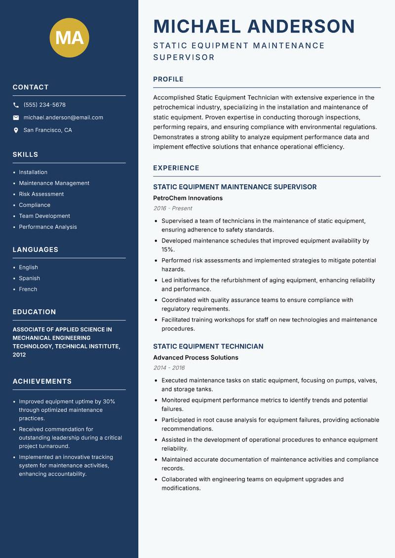 Static Equipment Technician resume template — Classic Clean
