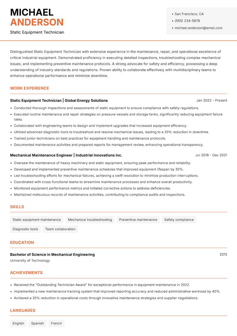 Static Equipment Technician resume template — Modern Professional