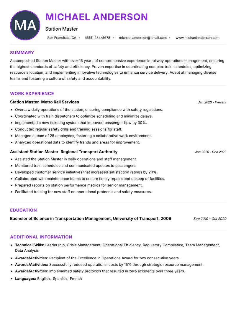 Station Master resume example — ATS-friendly template
