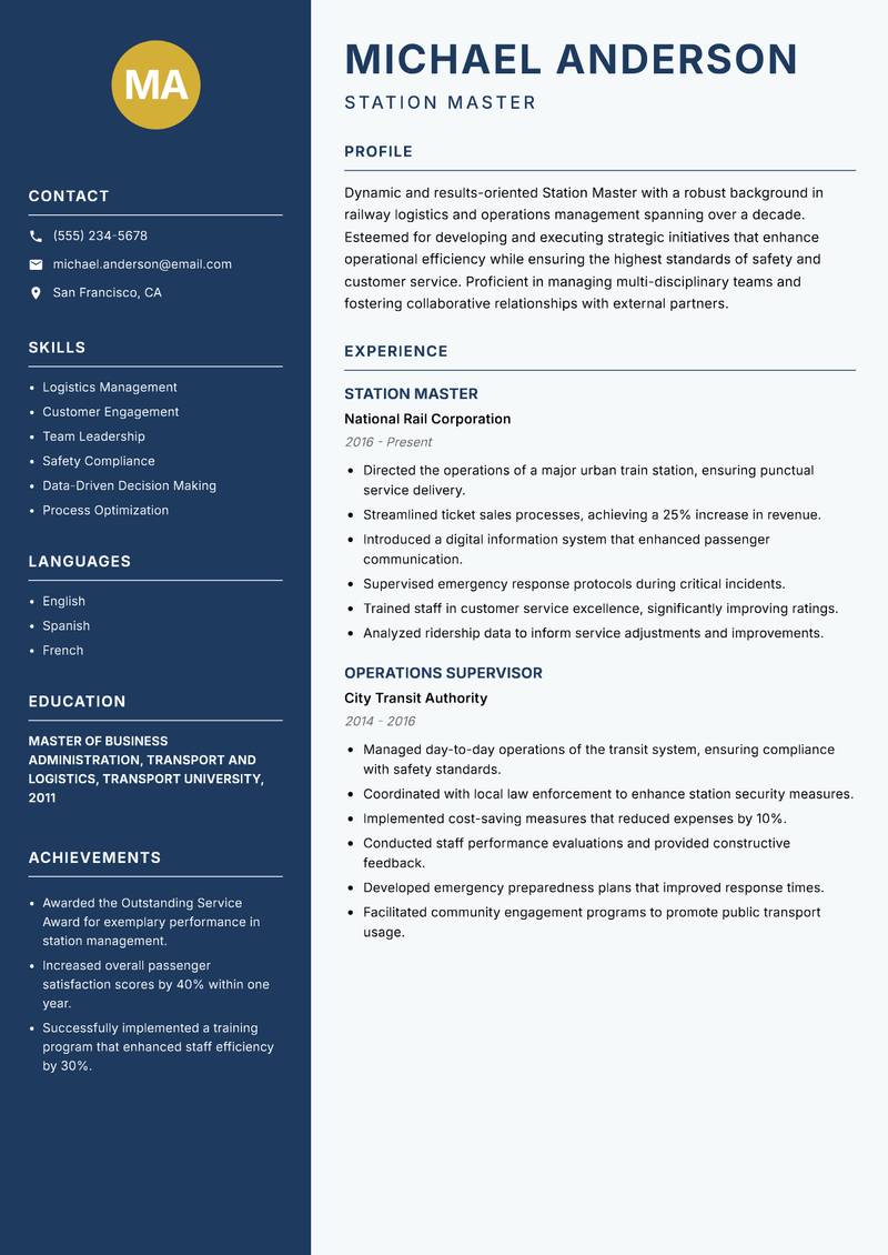 Station Master resume template — Classic Clean