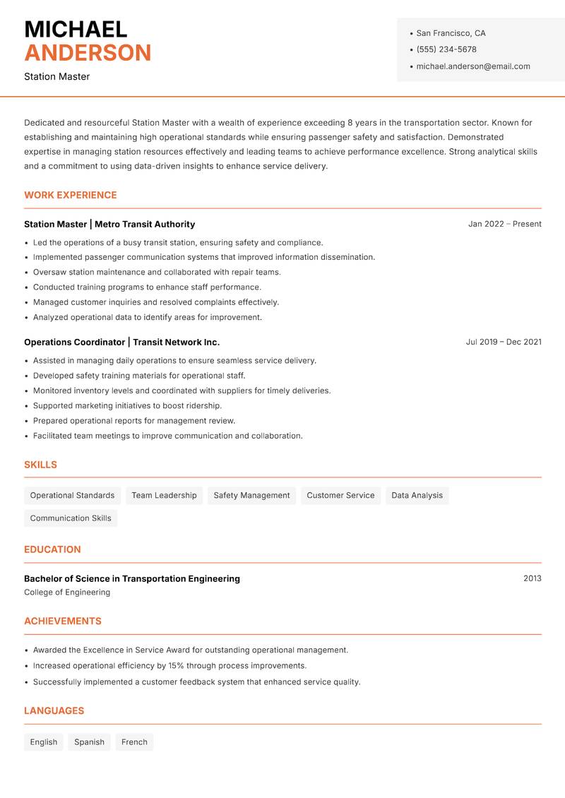 Station Master resume template — Modern Professional